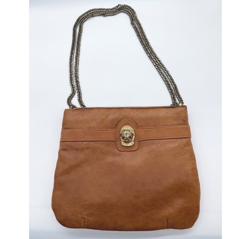 Vintage Ruth Saltz Brown Leather Animal Head Chain Shoulder Bag Crossbody Cognac